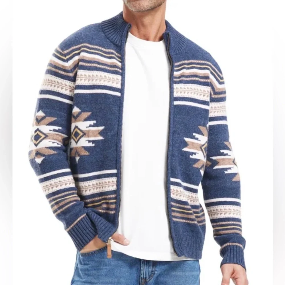 NEW! Frye Navy and Tan Patterned Zip-Up Cardigan Sweater - Picture 5 of 6